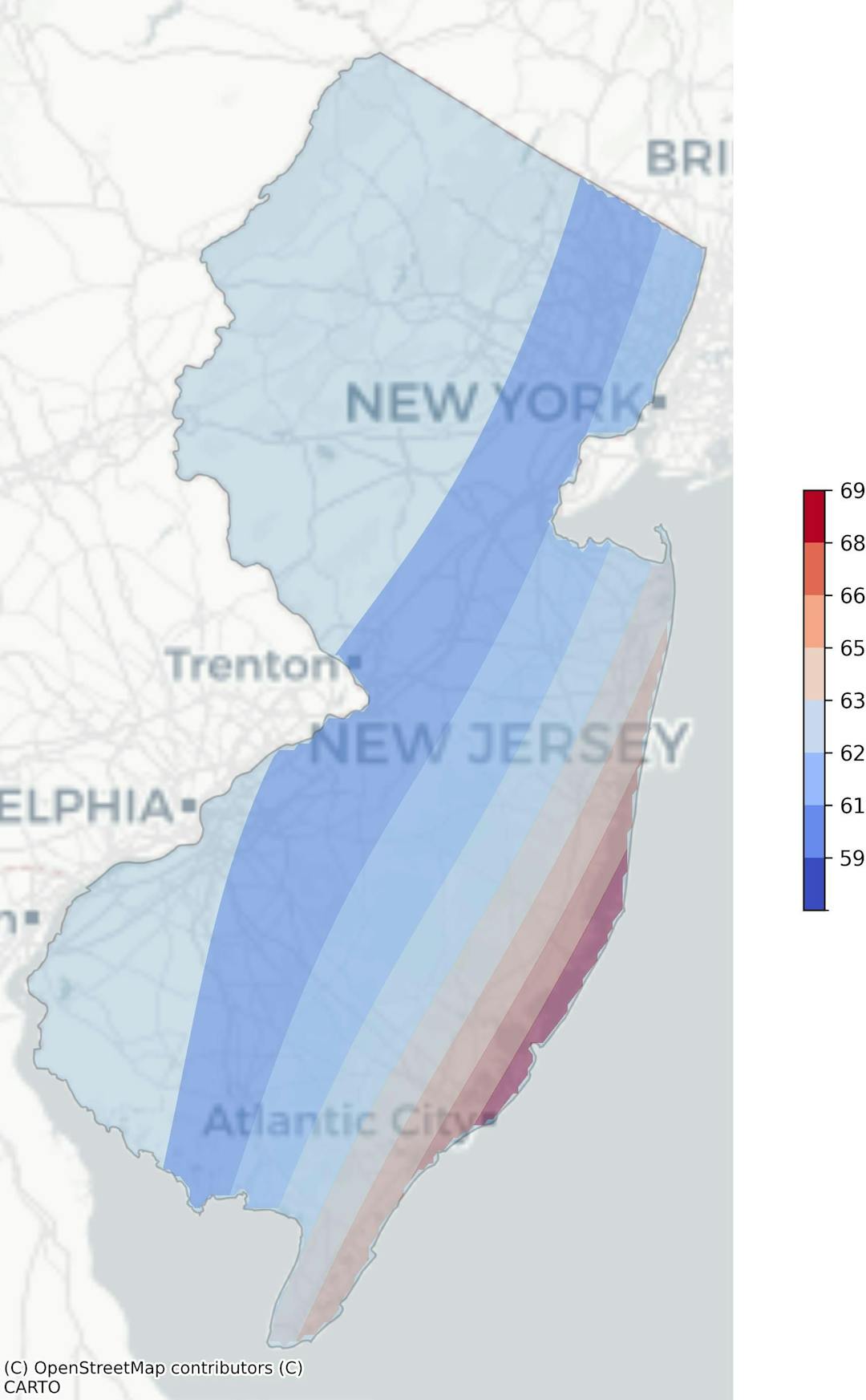 New Jersey tropical cyclone risk heat map: Regions color-coded based on frequency of hurricanes and tropical storms, weighted by wind speed, derived from NOAA's historical cyclone track data